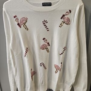 Victoria Harbour White Sweater with Pink Flamingo and Candy Cane Accents